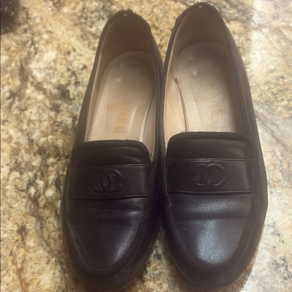 CHANEL Black Leather Loafers